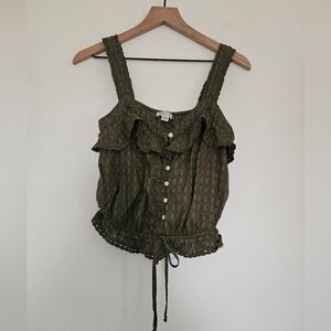 American Eagle Olive Green Sleeveless Ruffle Top